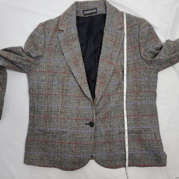 VINTAGE 80s skirt set dark academia wool plaid one button blazer suitM - Picture 13 of 16